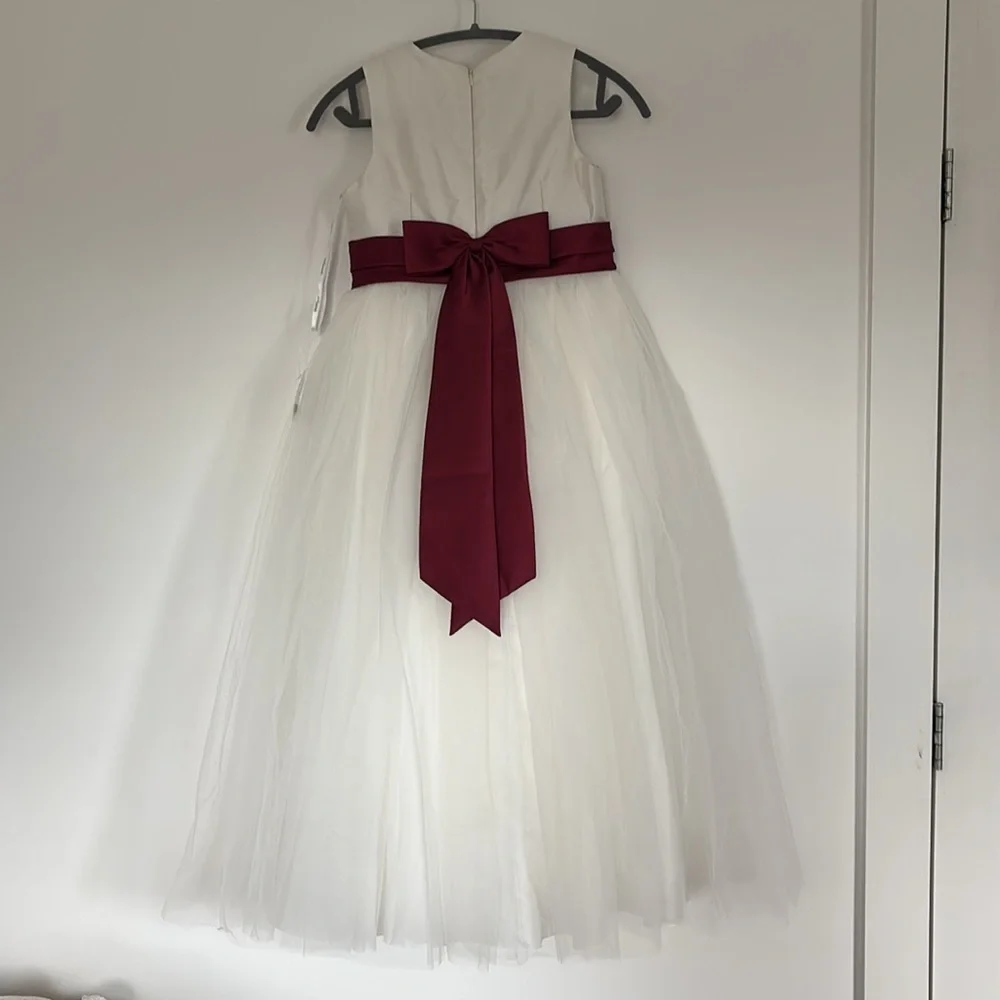 NWT Dessy Girl flower girl dress off white ivory red maroon sash satin tulle 12